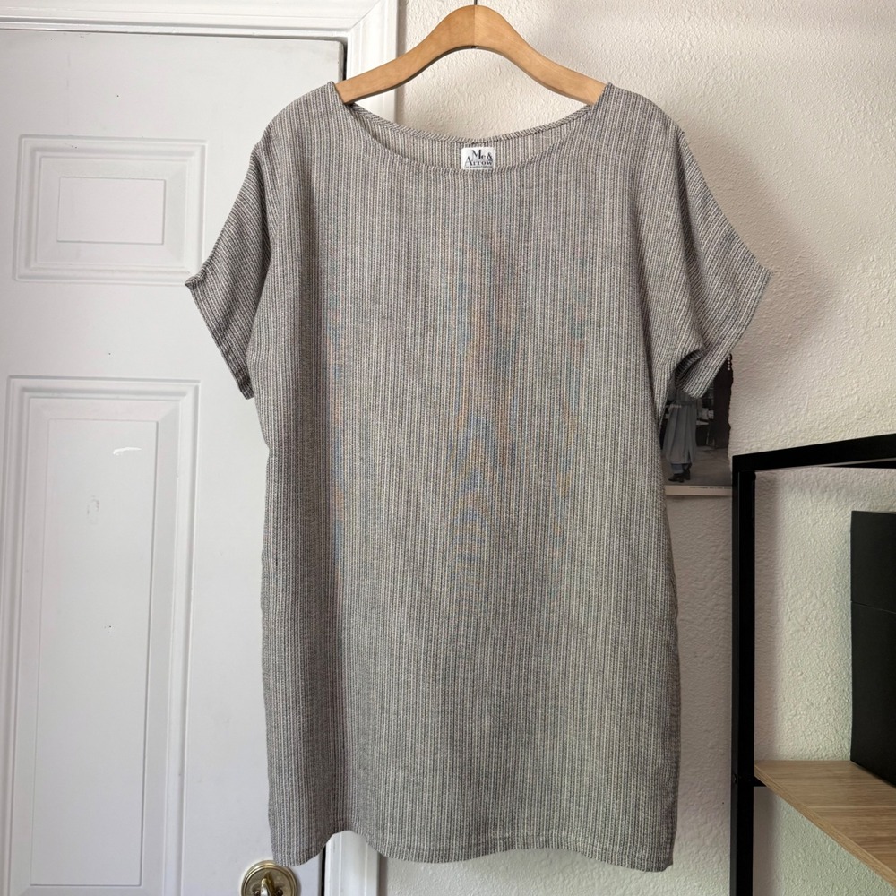 ME &‎ ARROW grey linen striped boat neck short sleeve mini dress